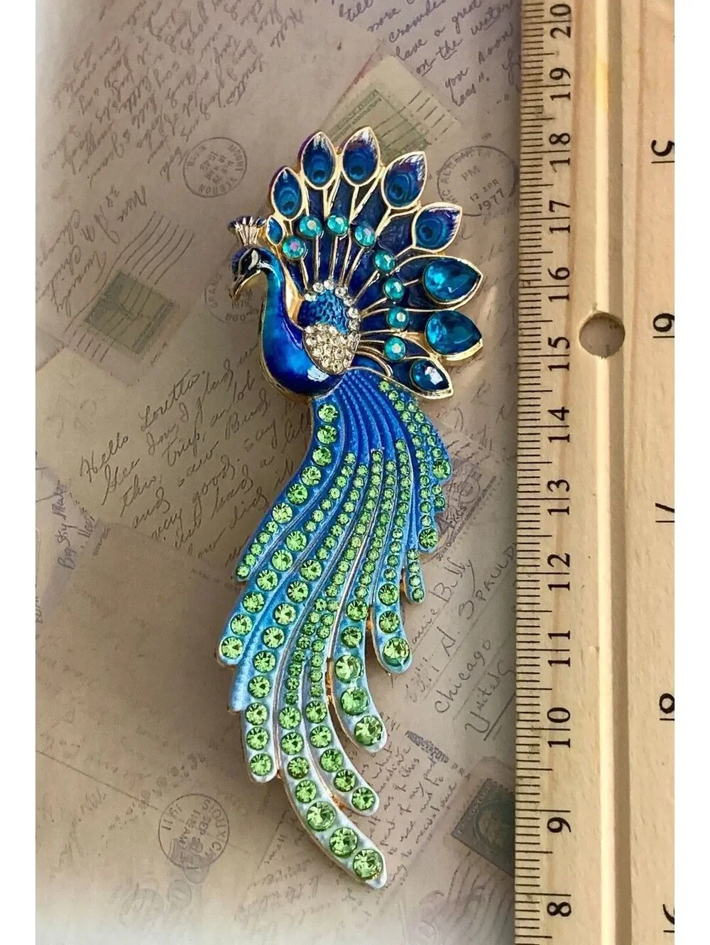 Sparkling Blue & Green Peacock Brooch with Rhinestones - Eye-Catching Accessory